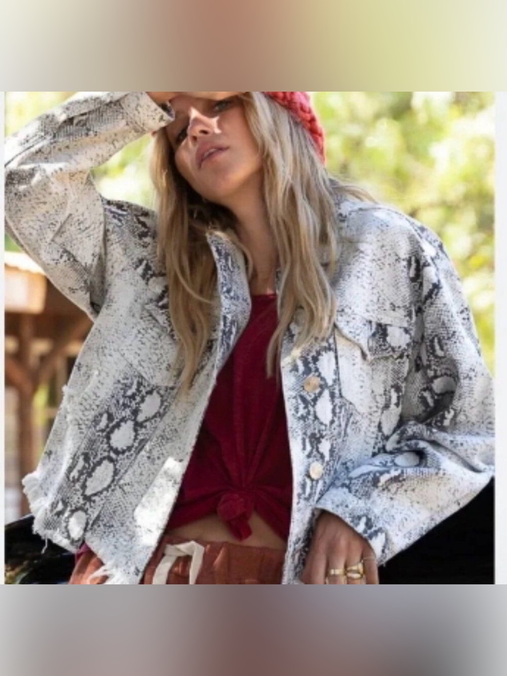 POL Snakeskin Print Distressed Festival Denim Jacket - Medium